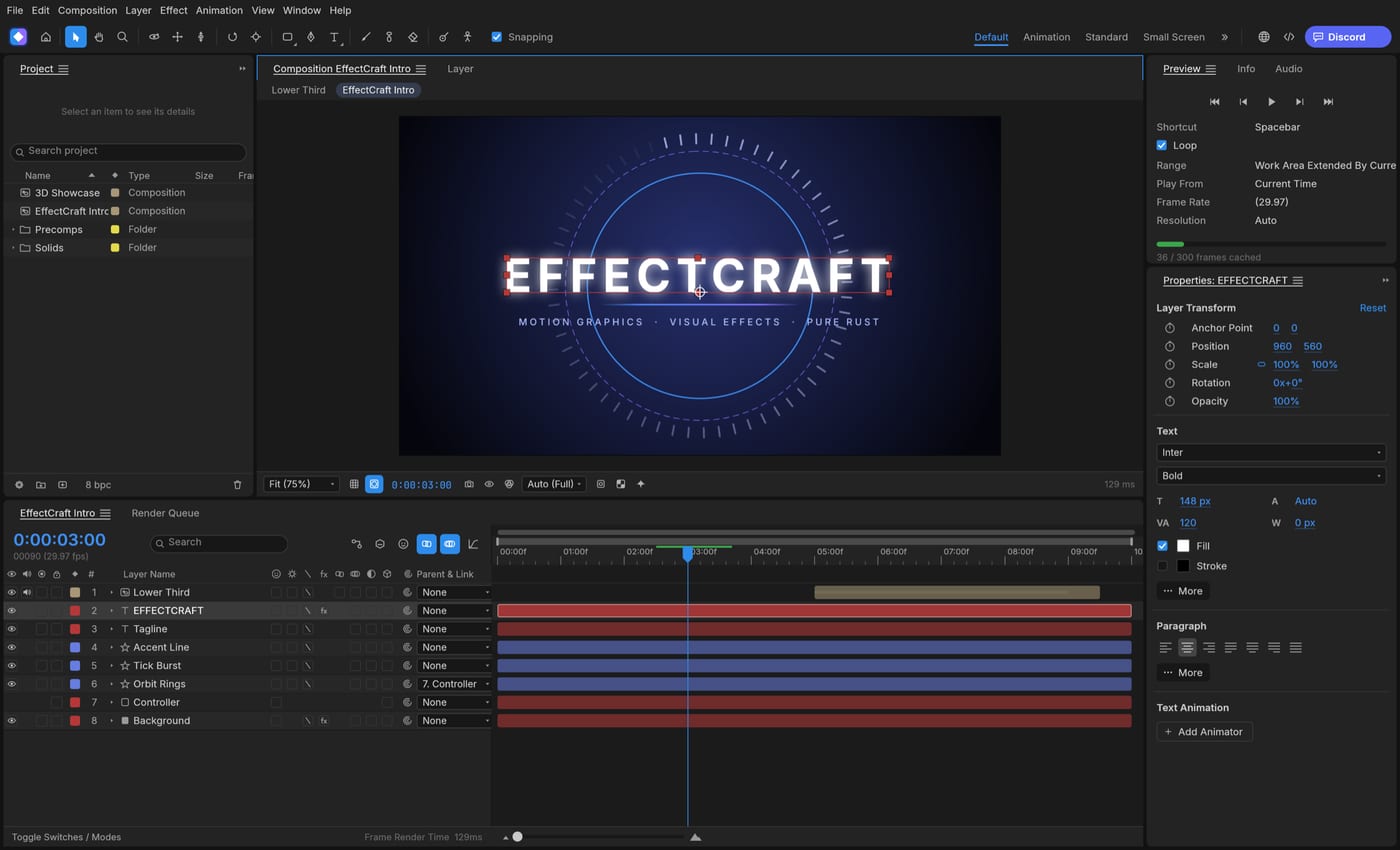 Aperçu de EffectCraft, alternative gratuite et open source à After Effects