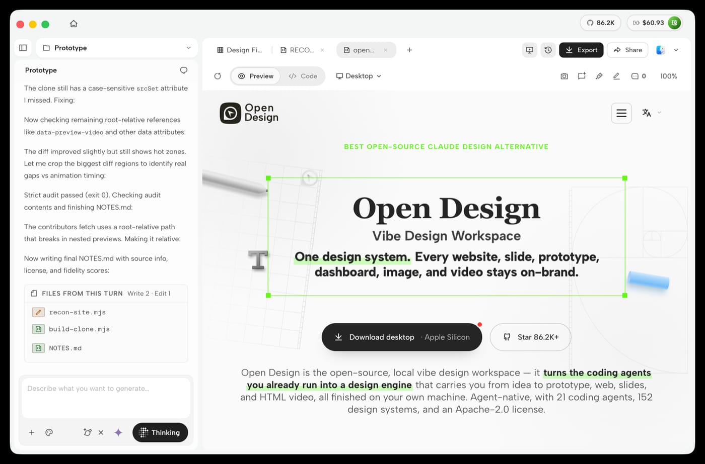 Screenshot of OpenDesign, the free open source alternative to Claude Design