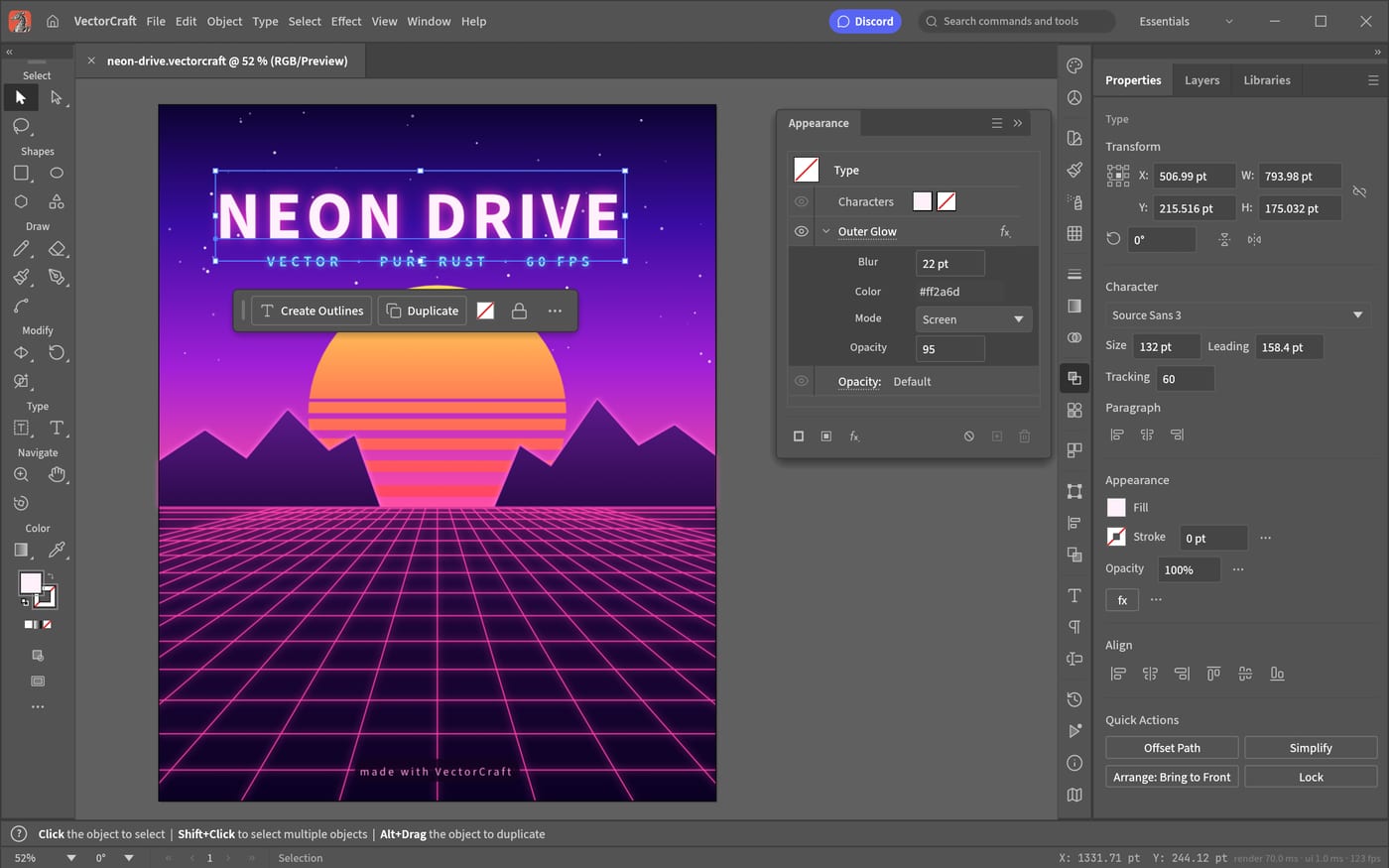 Aperçu de VectorCraft, alternative gratuite et open source à Illustrator